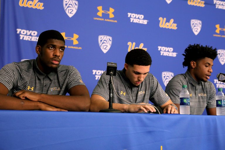 U.C.L.A basketball players from left, Cody Riley, LiAngelo Ball and Jalen Hill. Lucy Nicholson/ Reuters